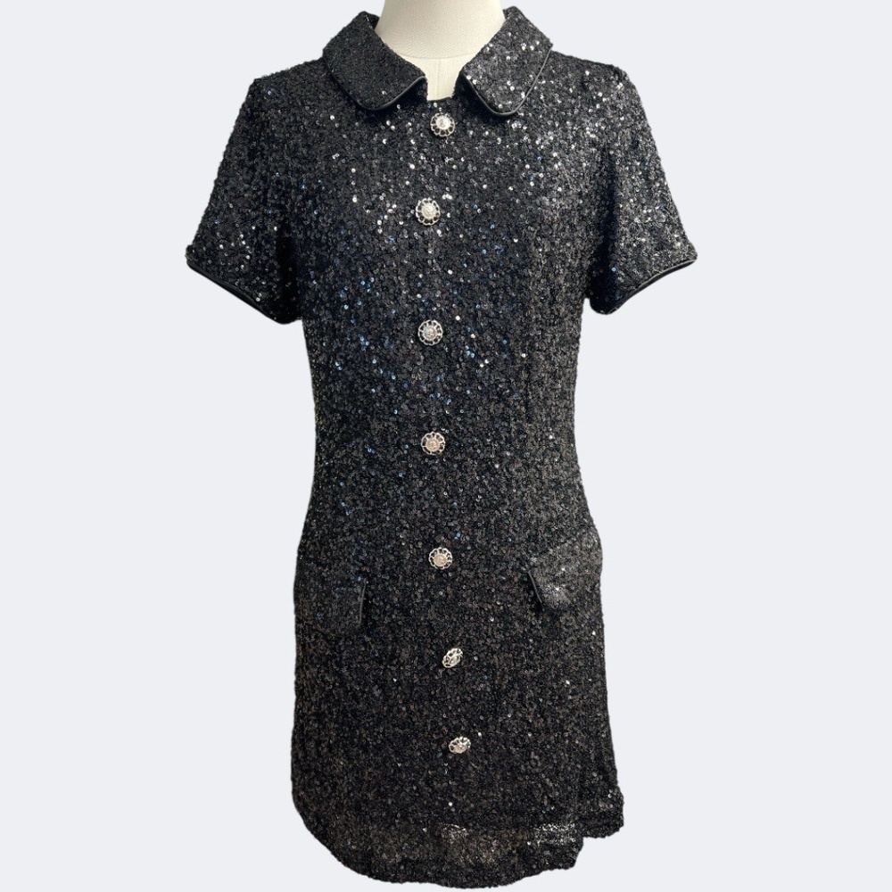 Mable Mini‎ Dress Size M Black Sequins Button Detail Lined Stretch Back Zipper